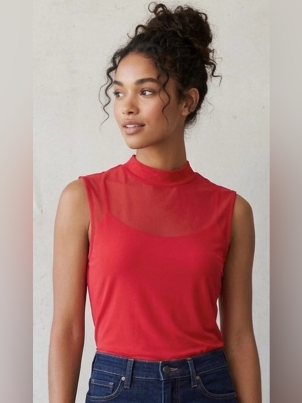 Vince Camuto Red Sheer Mock-Neck Sleeveless Top